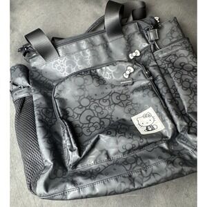 Hello Kitty Sanrio Black Nylon Multi-Pocket Tote Zipper Bag Cute Kawaii Travel